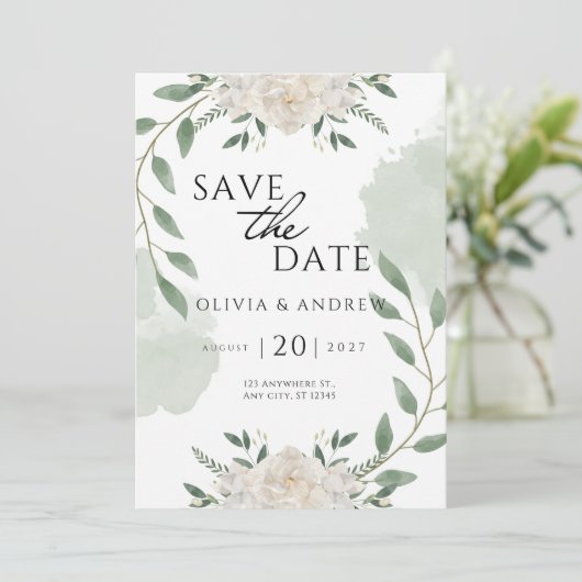 Elegante grüne und weiße Wasserfarbe Save the Date Einladung (Stehend Vorderseite)