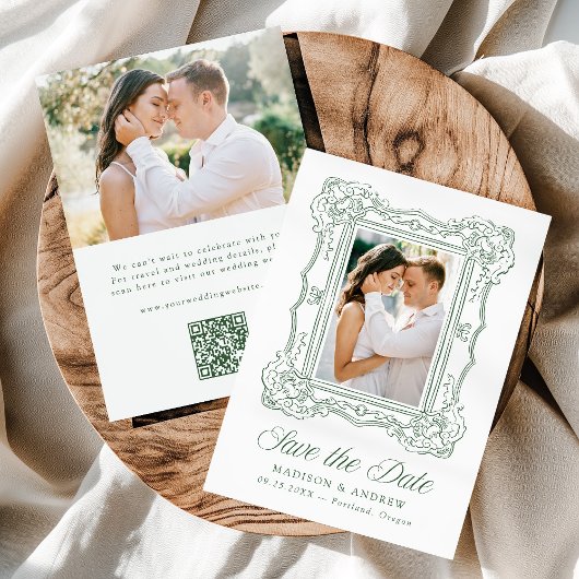 Elegante grüne verzierte Rahmen 2 Foto QR-Code Hoc Save The Date