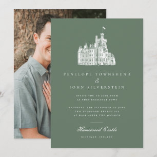 Elegante grüne Vintage-Schloss-Foto-Hochzeit Einladung