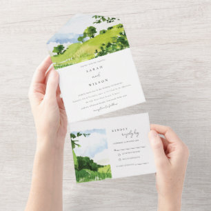 Elegante grüne Wasserfarbe Landhügel Hochzeit All In One Einladung