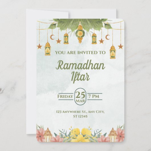 Elegante grüne Wasserfarbe Ramadan Iftar Einladung (Vorderseite)