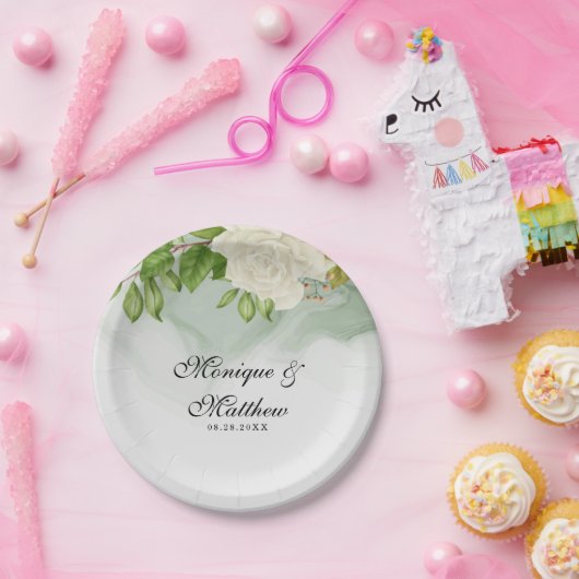 Elegante Grüne Wasserfarbe Weißes Rosen Hochzeit Pappteller (Party)