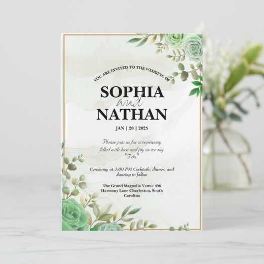 Elegante Grüne Wasserfarben - Einladung zur Hochze (Stehend Vorderseite)