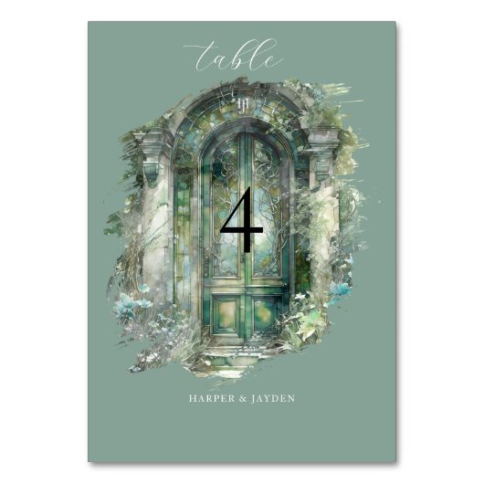 Elegante Grüne Wasserfarbenlandschaft Hochzeit Tischnummer (Rückseite)