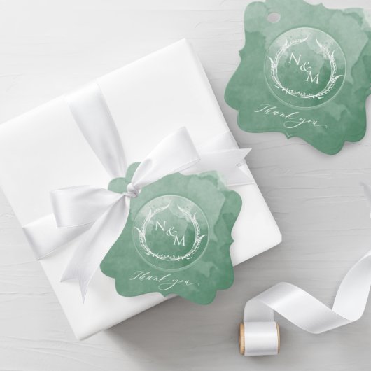 Elegante Grüne Wasserfarbenmonogramm Hochzeit Geschenkanhänger