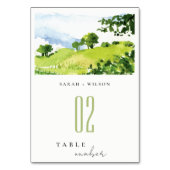 Elegante Grüne Wasserfarbenwelt Landschaft Hügel B Tischnummer (Rückseite)