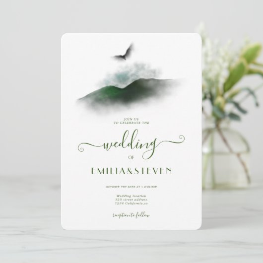 Elegante Grüne Watercolor Berge Hochzeit Einladung (Stehend Vorderseite)