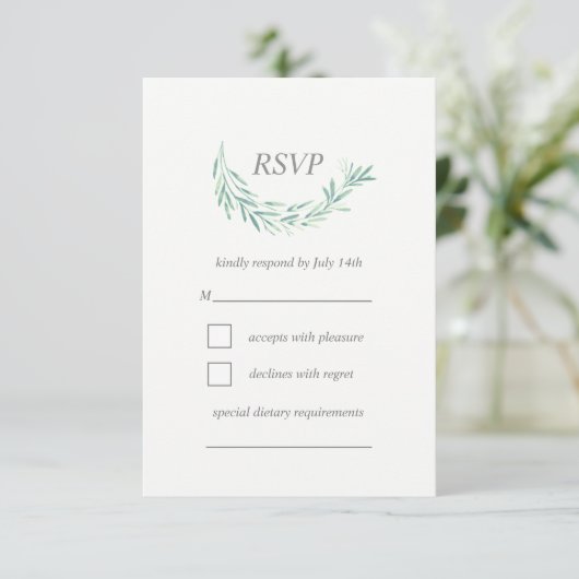 Elegante Grüne Watercolor Wreath Wedding RSVP Karte (Stehend Vorderseite)