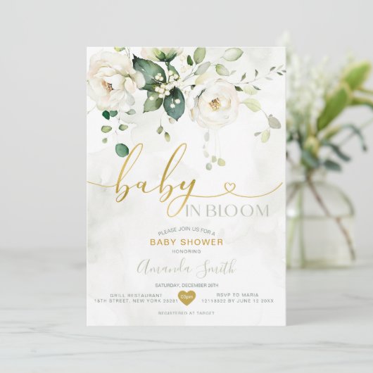 Elegante grüne weiße Blume Baby in Bloom Einladung (Stehend Vorderseite)