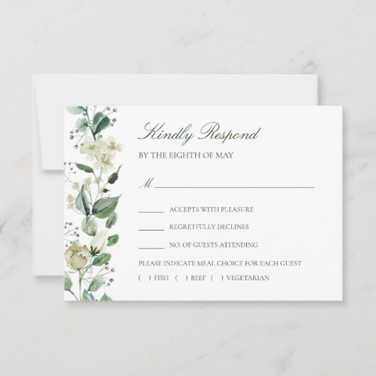 Elegante Grüne Weiße Blume Hochzeitsmahl RSVP Karte (Vorderseite)