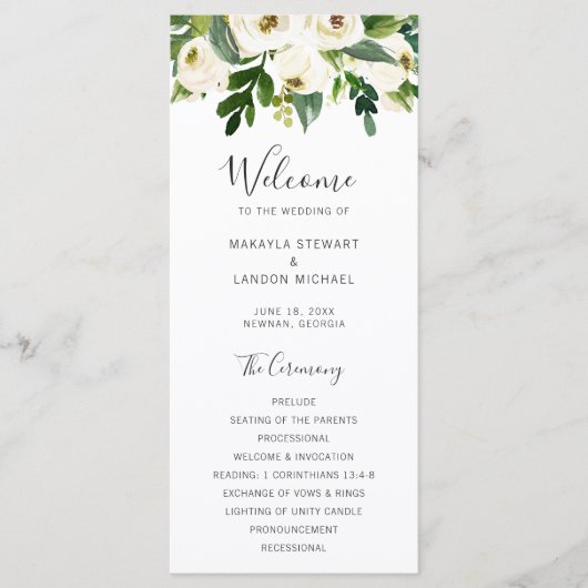 Elegante Grüne Weiße Florale Hochzeit Programm (Vorderseite)