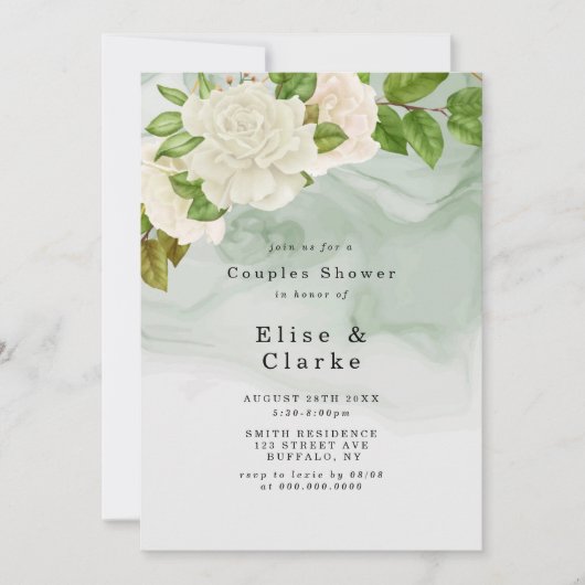 Elegante grüne Weiße Rosen Paare Dusche lädt ein (Vorderseite)