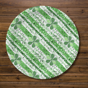 Elegante grüne weiße Streifen Shamrock Glitter Pappteller