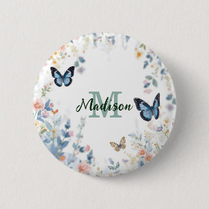 elegante Grüne Wildblume Boho Monogramm in Blüte Button