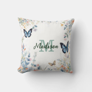 elegante Grüne Wildblume Boho Monogramm in Blüte Kissen