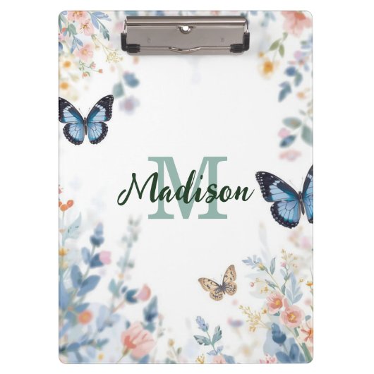 elegante Grüne Wildblume Boho Monogramm in Blüte Klemmbrett (Vorderseite)
