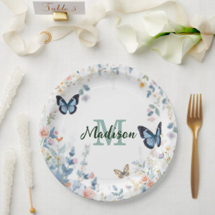 elegante grüne Wildblume Boho Monogramm in Blüte Pappteller