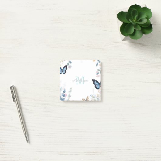 elegante grüne Wildblume Boho Monogramm in Blüte Post-it Klebezettel (Büro)