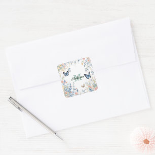 elegante grüne Wildblume Boho Monogramm in Blüte Quadratischer Aufkleber