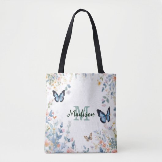 elegante Grüne Wildblume Boho Monogramm in Blüte Tasche (Vorderseite)
