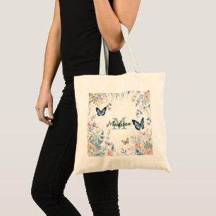 elegante grüne Wildblume Boho Monogramm in Blüte Tragetasche