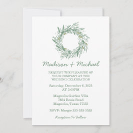 Elegante Grüne Winter-Botanische Kranzhochzeit Einladung