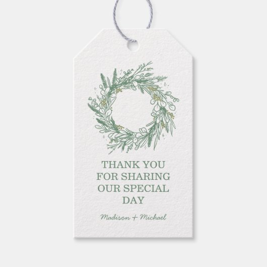 Elegante Grüne Winter-Botanische Kranzhochzeit Geschenkanhänger (Vorderseite)