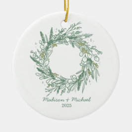 Elegante Grüne Winter-Botanische Kranzhochzeit Keramik Ornament