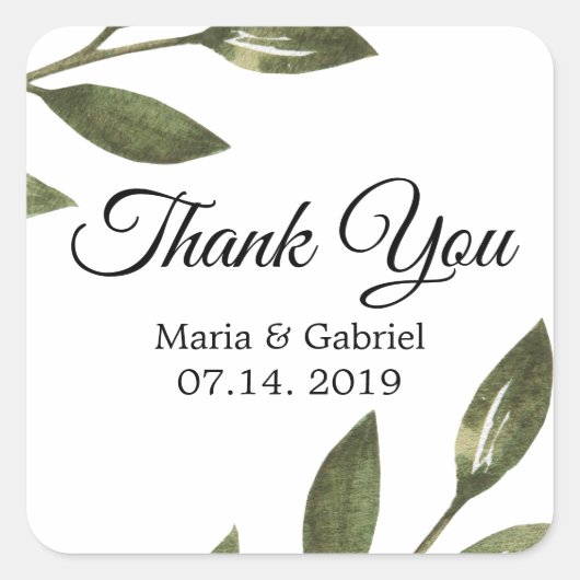 Elegante grüne Zweige Airy Wedding Vielen Dank Quadratischer Aufkleber (Vorderseite)