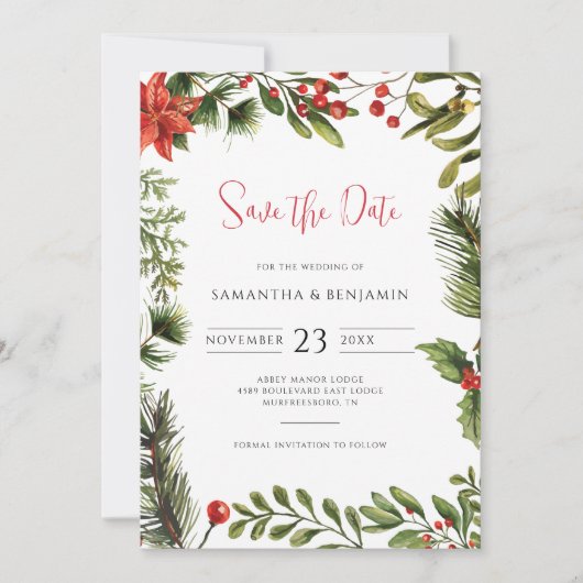 Elegante Grünen Winter Fall Blumenhochzeit Save The Date (Vorderseite)