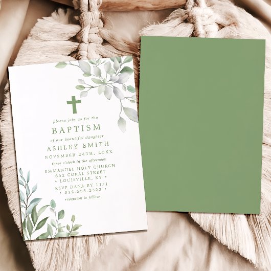 Elegante Grünflächen Blätter und Cross Baptisse Einladung