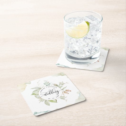 Elegante Grünflächen und Aquarellflächen, Hochzeit Rechteckiger Pappuntersetzer (Vor Ort)