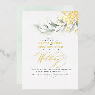Elegante Grünpflanzen Echtgoldfolie Boho-Hochzeit Folieneinladung