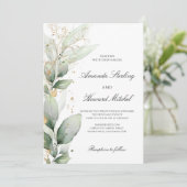 Elegante Grünpflanzen Eukalyptus verlasst Goldhoch Einladung (Stehend Vorderseite)