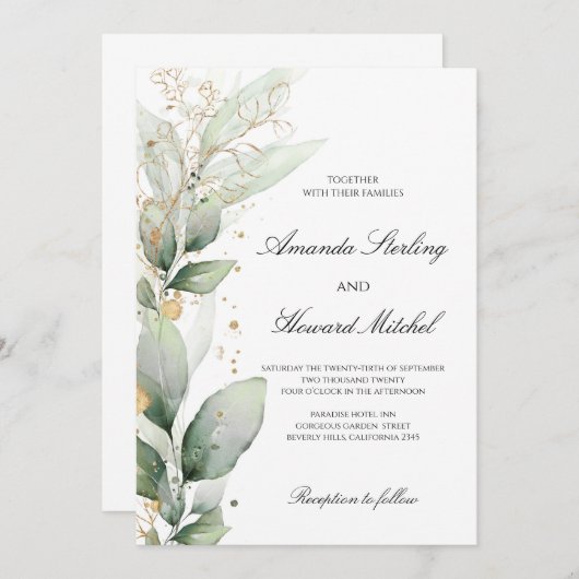 Elegante Grünpflanzen Eukalyptus verlasst Goldhoch Einladung (Vorne/Hinten)