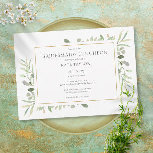 Elegante Grünpflanzen Gold Brautjungfern Mittagess Einladung