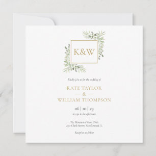 Elegante Grünpflanzen-Monogramm-Hochzeit Einladung