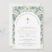 Elegante Grünpflanzen und Blumen Taufe Einladung (Vorderseite)