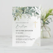 Elegante Grünpflanzen und Gold Foliage Taufe Einladung (Stehend Vorderseite)
