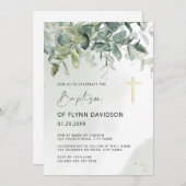 Elegante Grünpflanzen und Gold Foliage Taufe Einladung (Vorne/Hinten)