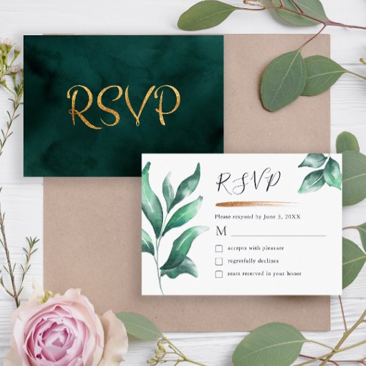 Elegante Grünpflanzen und Gold Minimalistisch RSVP Karte