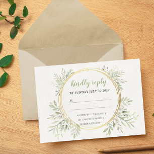 Elegante Grünpflanzen und goldener Rahmen Hochzeit RSVP Karte