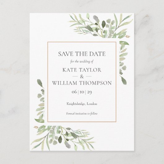 Elegante Grünpflanzen Wasserfarben Blätter Save th Ankündigungspostkarte (Vorderseite)