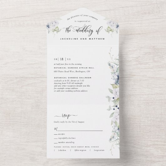 Elegante Grünpflanzen, White Dusty Blue Floral Wed All In One Einladung (Innen Boden)