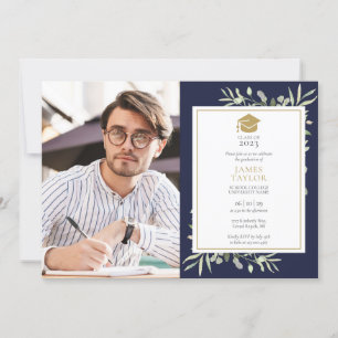 Elegante Grüntöne Navy Blau Abschlussfeier Foto Einladung