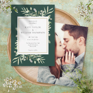 Elegante Grüntöne Smaragd Gold Foto Hochzeit Einladung