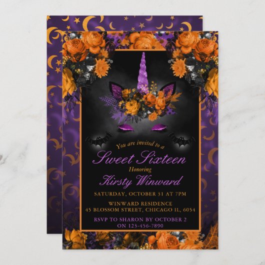 Elegante Halloween-Blume Einhorn Sweet 16 Einladung (Vorne/Hinten)