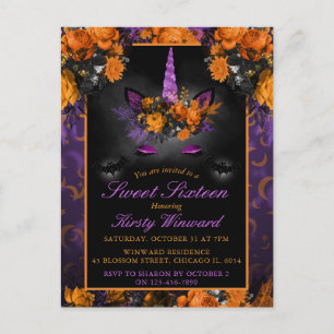 Elegante Halloween-Blumen-Einhorn-Süße-16-Einladun Postkarte