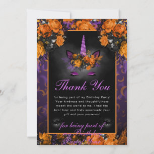 Elegante Halloween-Blumen Unicorn Quinceanera Dankeskarte