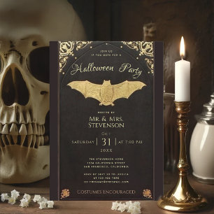 Elegante Halloween Gold Fledermaus Schwarz Vintage Einladung